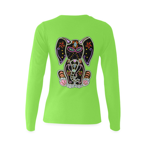 Mystical Sugar Skull Elephant Lime Green Sunny Women's T-shirt (long-sleeve) (Model T07)