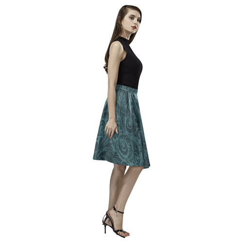 Denim with vintage floral pattern, dark green teal Melete Pleated Midi Skirt (Model D15)