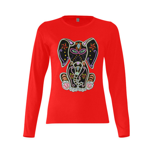 Mystical Sugar Skull Elephant Red Sunny Women's T-shirt (long-sleeve) (Model T07)