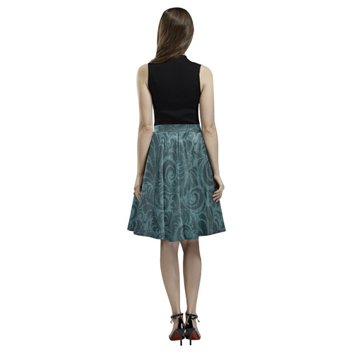 Denim with vintage floral pattern, dark green teal Melete Pleated Midi Skirt (Model D15)