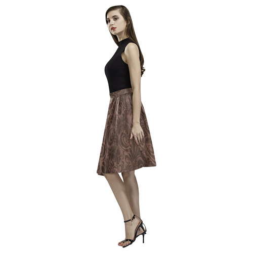 Denim with vintage floral pattern, rich brown Melete Pleated Midi Skirt (Model D15)