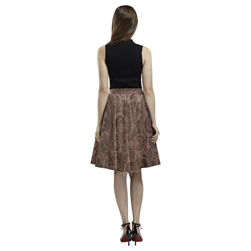 Denim with vintage floral pattern, rich brown Melete Pleated Midi Skirt (Model D15)
