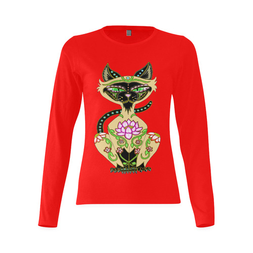 Siamese Cat Sugar Skull Red Sunny Women's T-shirt (long-sleeve) (Model T07)
