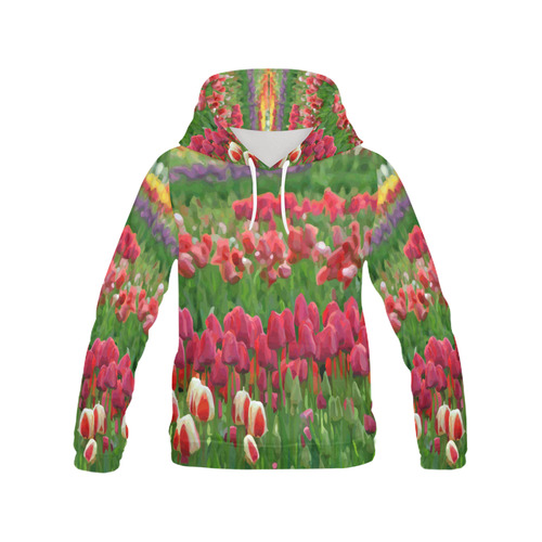 Red White Tulips Floral Landscape All Over Print Hoodie for Women (USA Size) (Model H13)