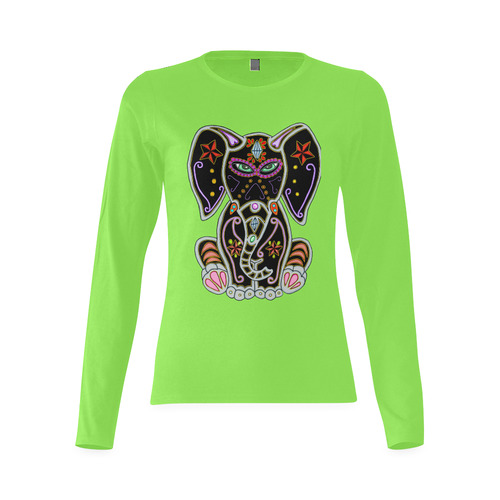 Mystical Sugar Skull Elephant Lime Green Sunny Women's T-shirt (long-sleeve) (Model T07)