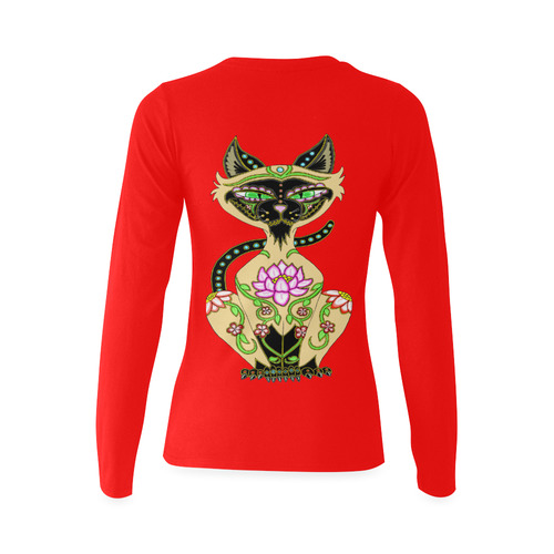 Siamese Cat Sugar Skull Red Sunny Women's T-shirt (long-sleeve) (Model T07)