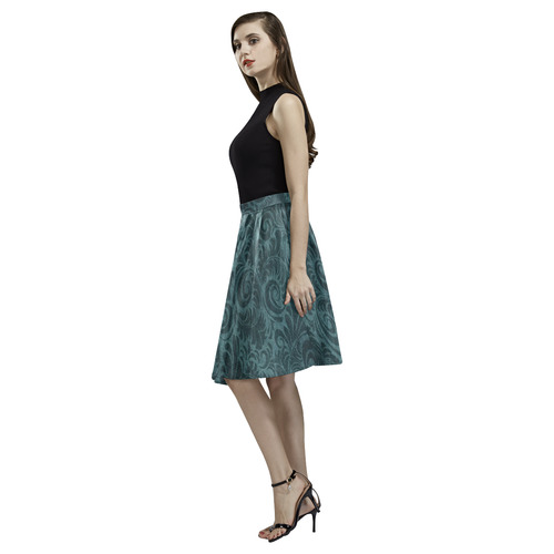 Denim with vintage floral pattern, dark green teal Melete Pleated Midi Skirt (Model D15)