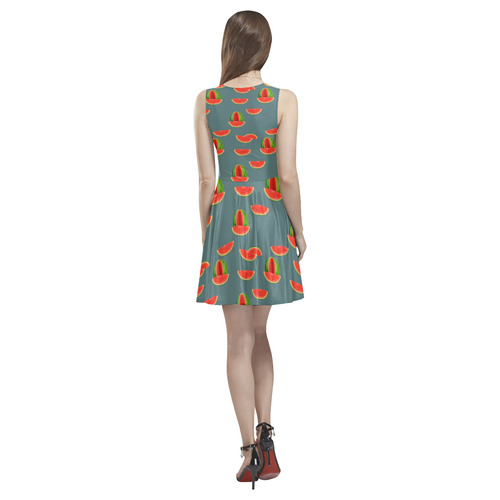 Watercolor Watermelon red, green and sweet pattern Thea Sleeveless Skater Dress(Model D19)