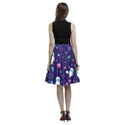 Cute Doodle Astronauts Melete Pleated Midi Skirt (Model D15)