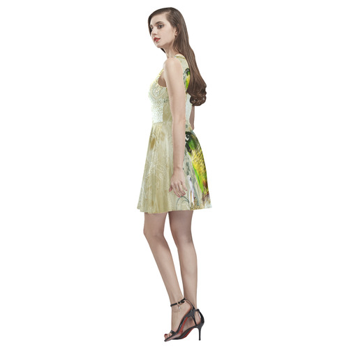 Sweet parrot with floral elements Thea Sleeveless Skater Dress(Model D19)