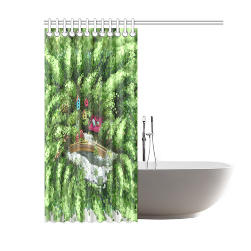 Birds and nest boxes in fairy tale garden, kids Shower Curtain 60"x72"