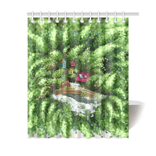 Birds and nest boxes in fairy tale garden, kids Shower Curtain 60"x72"