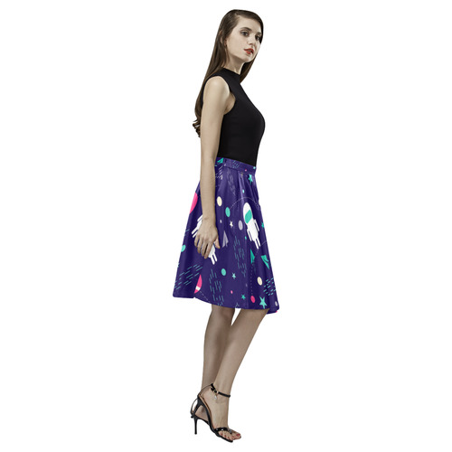 Cute Doodle Astronauts Melete Pleated Midi Skirt (Model D15)