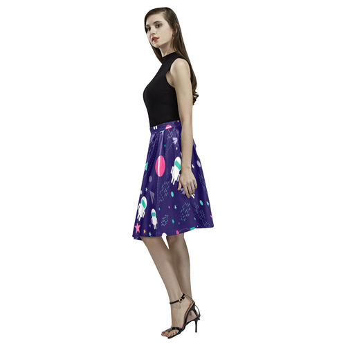 Cute Doodle Astronauts Melete Pleated Midi Skirt (Model D15)