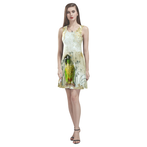 Sweet parrot with floral elements Thea Sleeveless Skater Dress(Model D19)