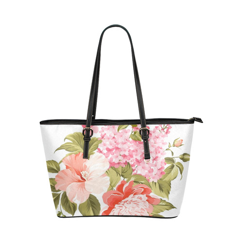 Beautiful Pink Floral Hibiscus Flowers Leather Tote Bag/Small (Model 1651)