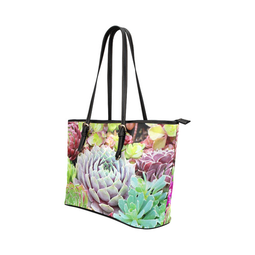 Green Pink Red  Floral Succulents Leather Tote Bag/Large (Model 1651)