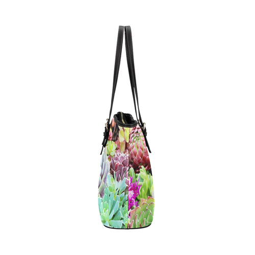 Green Pink Red  Floral Succulents Leather Tote Bag/Large (Model 1651)