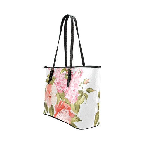 Beautiful Pink Floral Hibiscus Flowers Leather Tote Bag/Small (Model 1651)