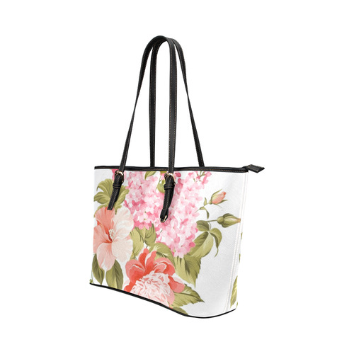 Beautiful Pink Floral Hibiscus Flowers Leather Tote Bag/Small (Model 1651)