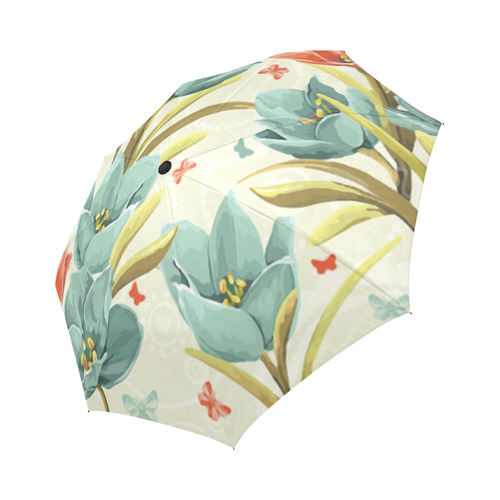 Red Teal Floral Butterflies Vintage Auto-Foldable Umbrella (Model U04)