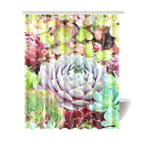 Green Pink Red  Floral Succulents Shower Curtain 69"x84"