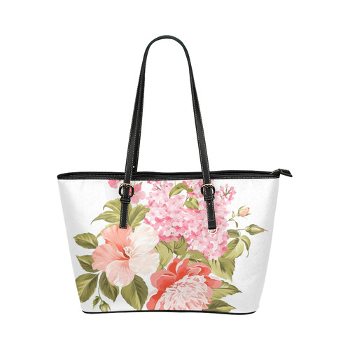 Beautiful Pink Floral Hibiscus Flowers Leather Tote Bag/Large (Model 1651)
