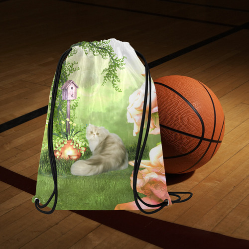 Cute cat in a garden Medium Drawstring Bag Model 1604 (Twin Sides) 13.8"(W) * 18.1"(H)