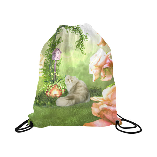 Cute cat in a garden Large Drawstring Bag Model 1604 (Twin Sides)  16.5"(W) * 19.3"(H)