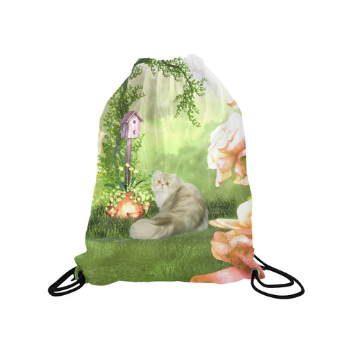 Cute cat in a garden Medium Drawstring Bag Model 1604 (Twin Sides) 13.8"(W) * 18.1"(H)
