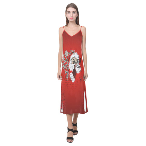 Christmas time, Santa Claus V-Neck Open Fork Long Dress(Model D18)