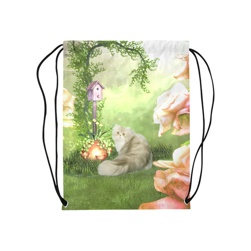 Cute cat in a garden Medium Drawstring Bag Model 1604 (Twin Sides) 13.8"(W) * 18.1"(H)