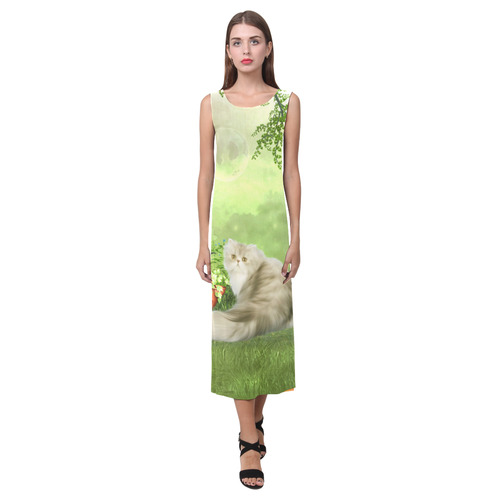 Cute cat in a garden Phaedra Sleeveless Open Fork Long Dress (Model D08)