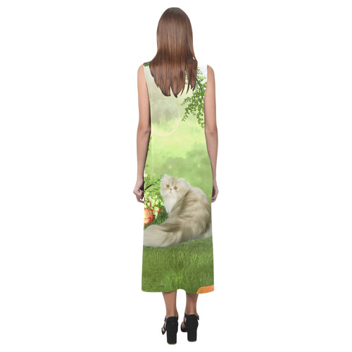 Cute cat in a garden Phaedra Sleeveless Open Fork Long Dress (Model D08)