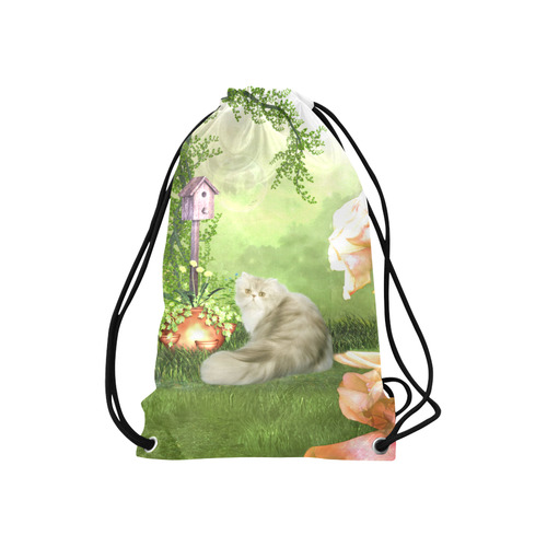Cute cat in a garden Small Drawstring Bag Model 1604 (Twin Sides) 11"(W) * 17.7"(H)