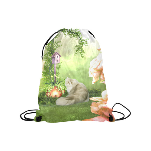 Cute cat in a garden Medium Drawstring Bag Model 1604 (Twin Sides) 13.8"(W) * 18.1"(H)