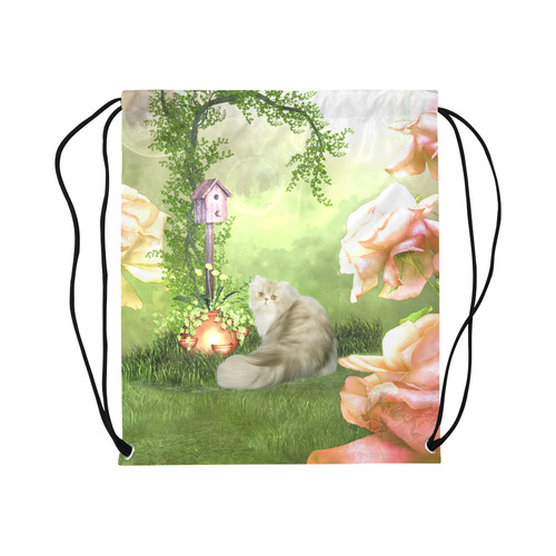 Cute cat in a garden Large Drawstring Bag Model 1604 (Twin Sides)  16.5"(W) * 19.3"(H)