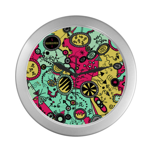 Comic Doodle Illustration in Colour Silver Color Wall Clock