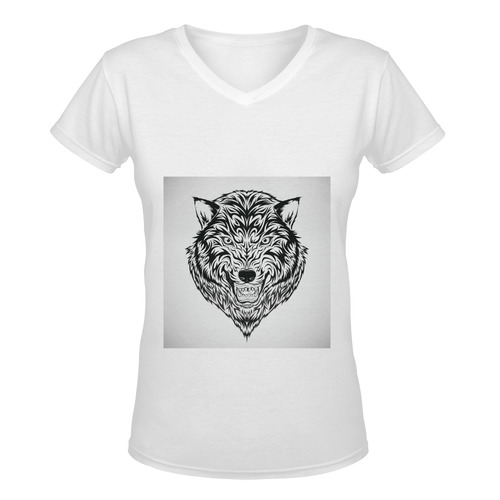 Women tshirt with Grey wolf / white, grey Women's Deep V-neck T-shirt (Model T19)