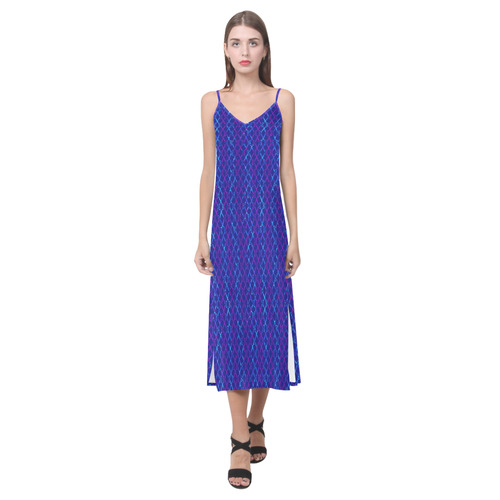 Scissor Stripes - Blue and Purple V-Neck Open Fork Long Dress(Model D18)