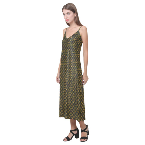 Golden Brown Scissor Stripes V-Neck Open Fork Long Dress(Model D18)