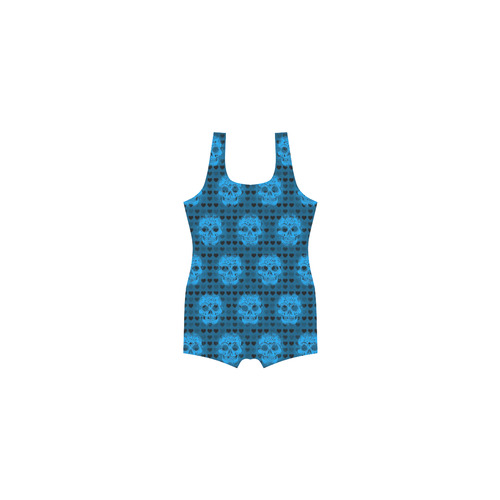 skulls and hearts, aqua by JamColors Classic One Piece Swimwear (Model S03)