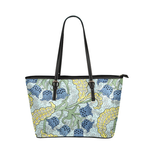 Blue Yellow Art Deco Floral Leather Tote Bag/Large (Model 1651)