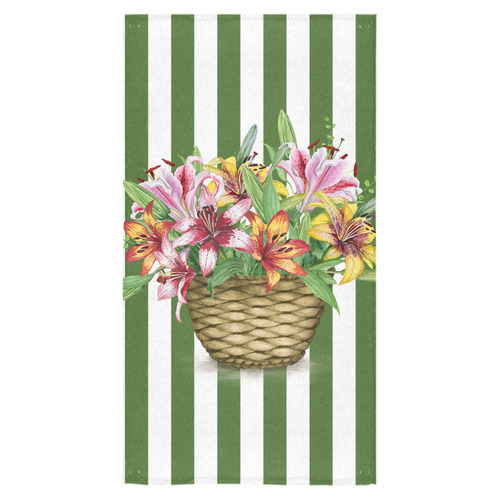 Flower Lily Basket on Green Stripes Bath Towel 30"x56"