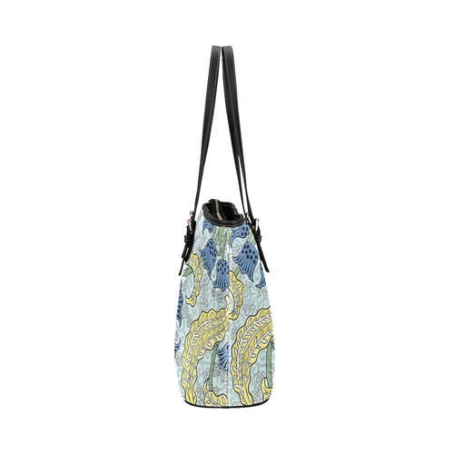 Blue Yellow Art Deco Floral Leather Tote Bag/Large (Model 1651)