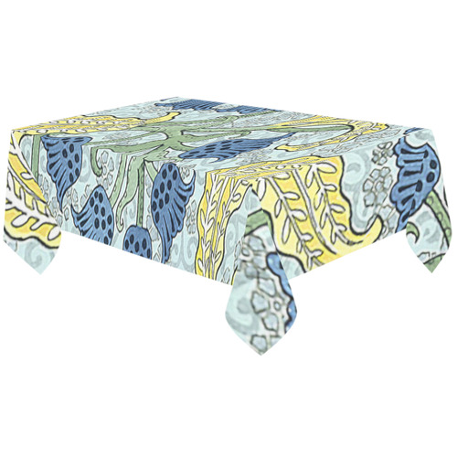 Blue Yellow Art Deco Floral Cotton Linen Tablecloth 60"x120"