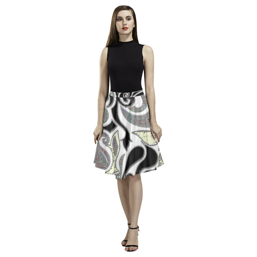 Retro Swirl Abstract in black and white Melete Pleated Midi Skirt (Model D15)