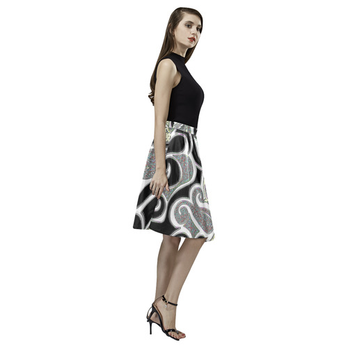 Retro Swirl Abstract in black and white Melete Pleated Midi Skirt (Model D15)