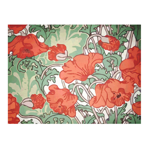 Red Poppies Vintage Floral Cotton Linen Tablecloth 52"x 70"