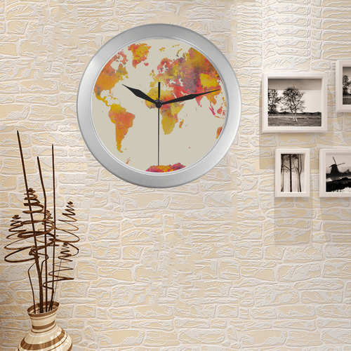 world map Silver Color Wall Clock